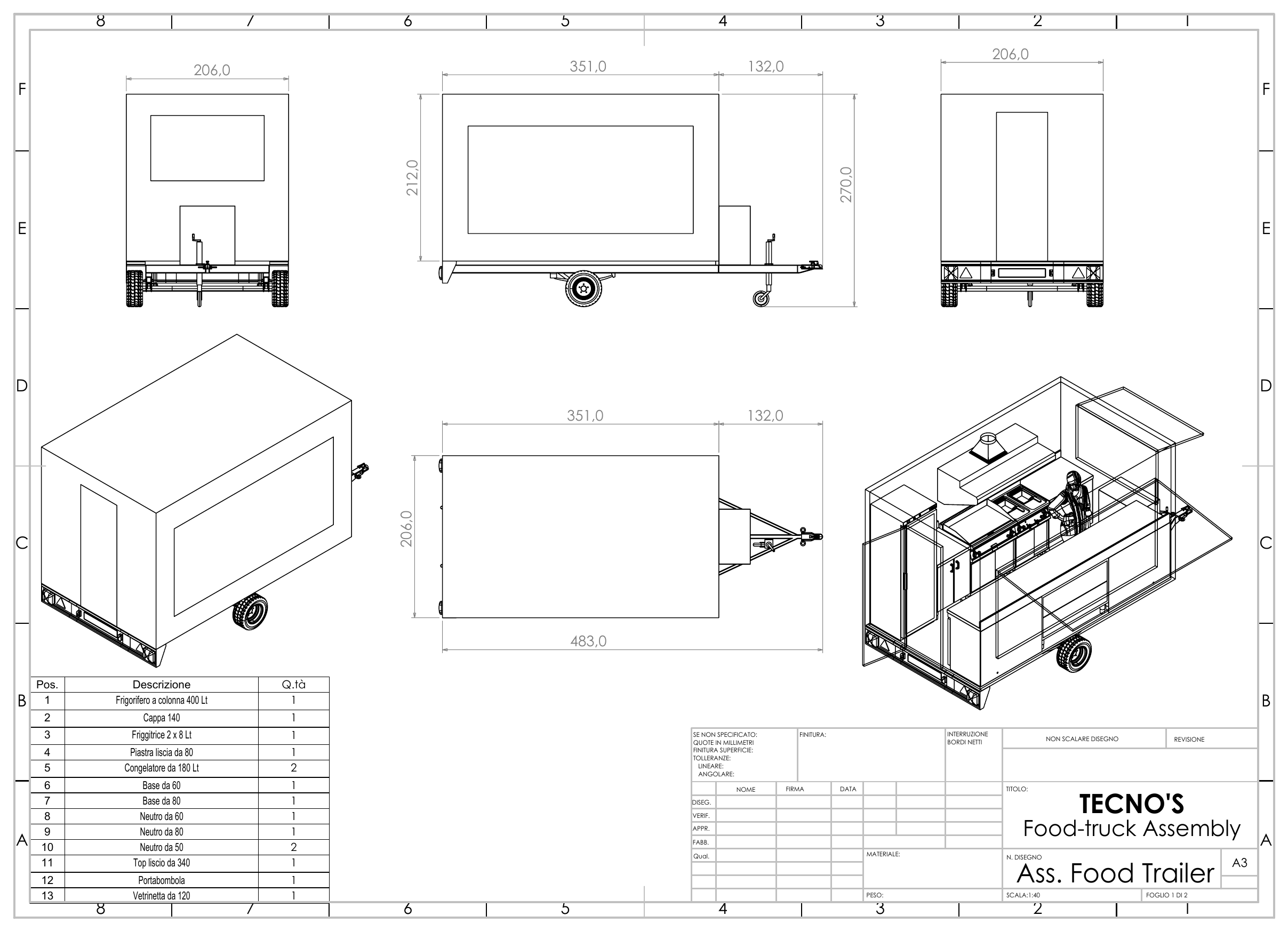 Tavola tecnica di assemblaggio Tecno's · viste quotate e sezioni del food trailer