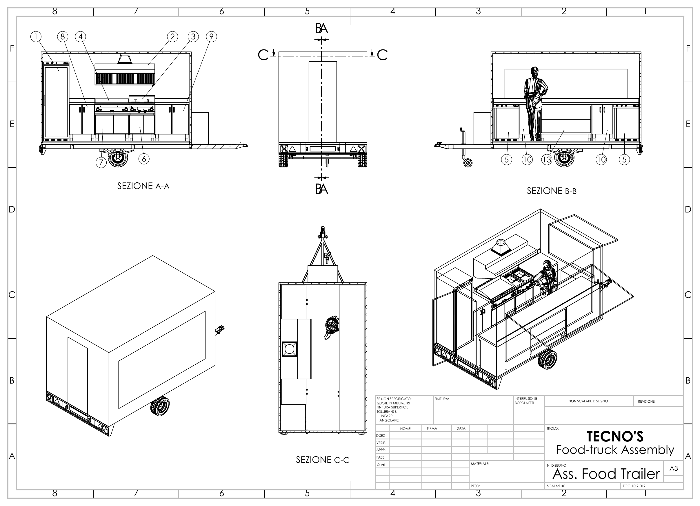 Tavola tecnica Tecno's · sezioni A-A, B-B, C-C del food trailer